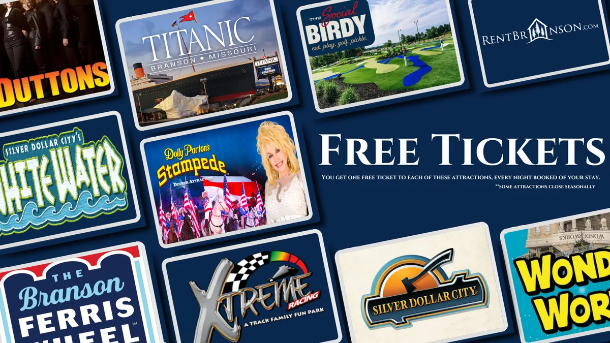 A vibrant, colorful interior display featuring prominent 'Free Tickets' text alongside recognizable attraction logos. The design elements evoke excitement and highlight opportunities for memorable family outings and diverse entertainment possibilities in the Ozarks area.